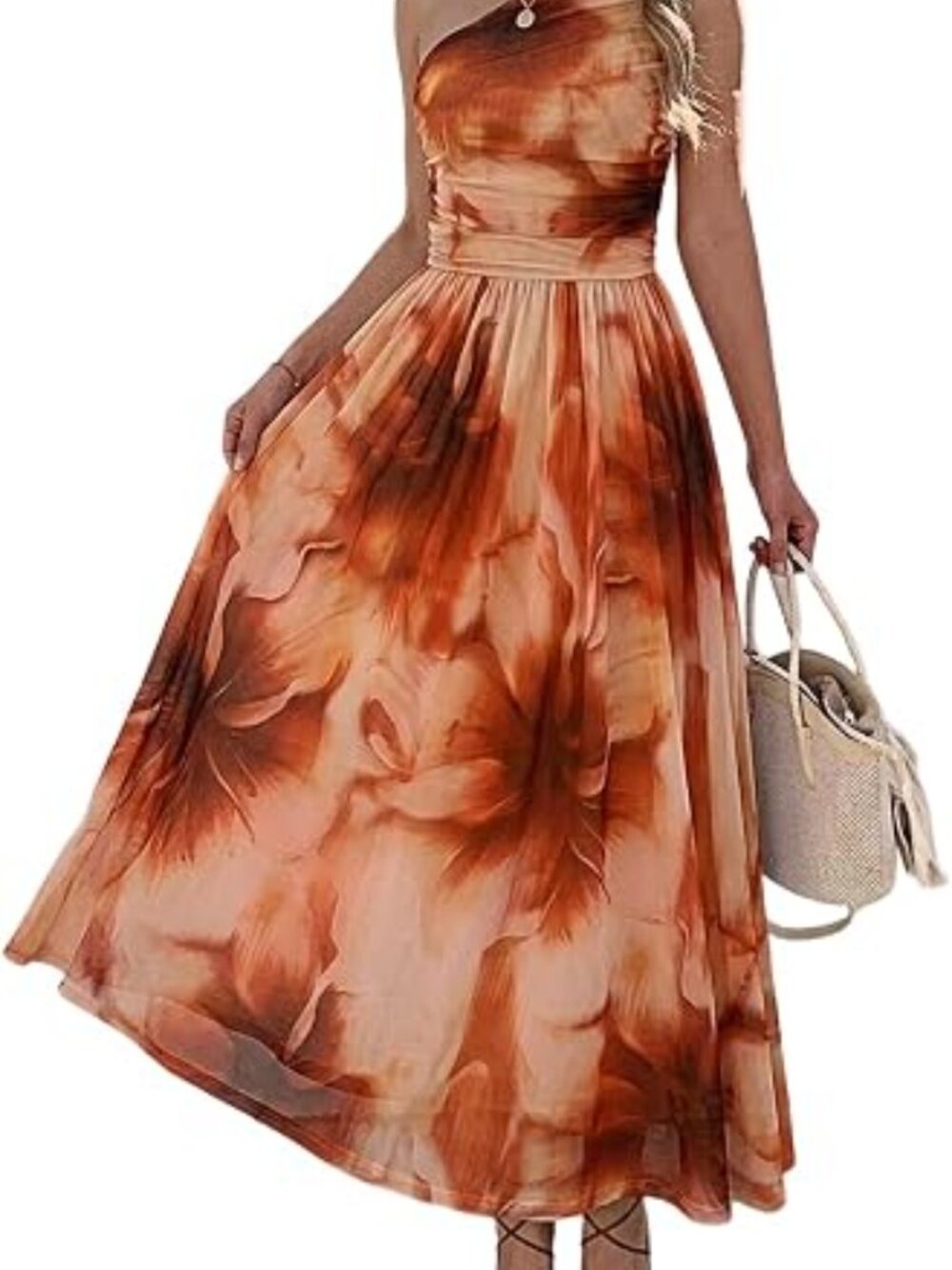 Women's Floral Caramel Boho Beach One Shoulder Floral Wedding Guest Maxi Dresses